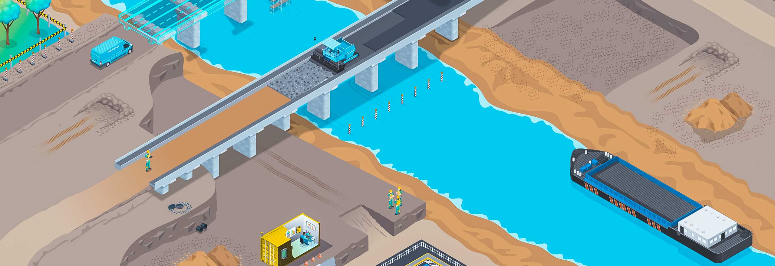Ilustración de un puente con un buque de carga