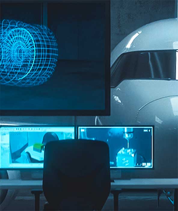 Une salle informatique avec vue dégagée sur un hangar où se trouve un avion