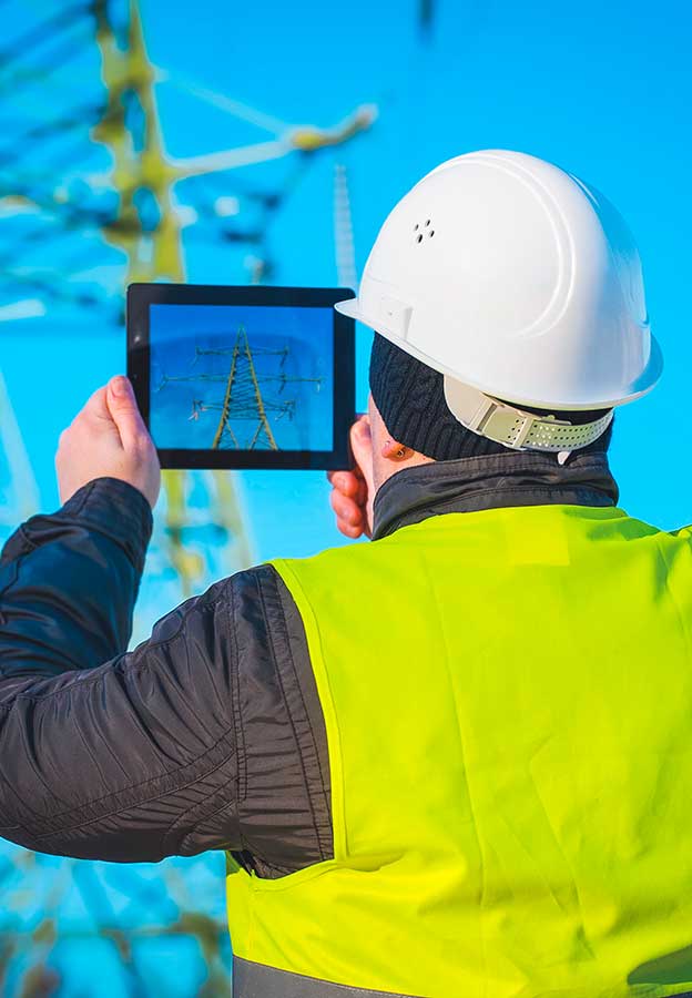 Photo of Electrical Engineer with tablet PC near High voltage tower