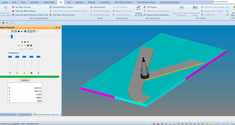 A screenshot of ALPHACAM cad cam software where the user is setting up the tool path to cut out the letter Y.