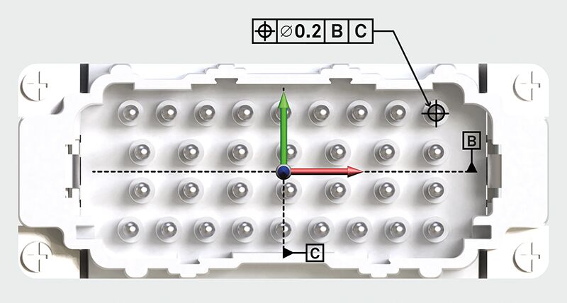 Acercamiento de las terminales dentro de un conector multi polo con puntos de referencia en el centro de la imagen