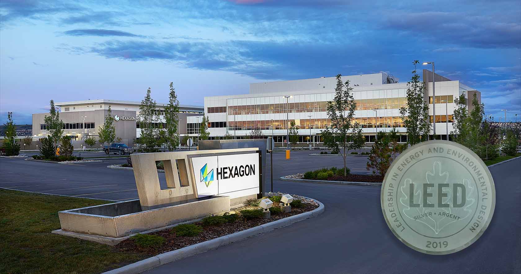 Photo of Hexagon campus with LEED certification seal