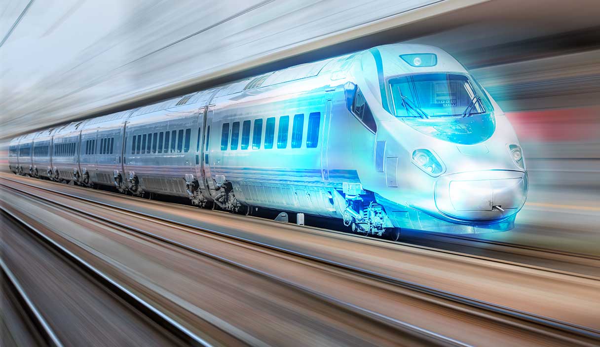 Ilustração digitalmente aprimorada de um trem bala acelerando nos trilhos, representando um futuro autônomo