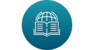 Stylized icon depicting a globe in front of a textbook.