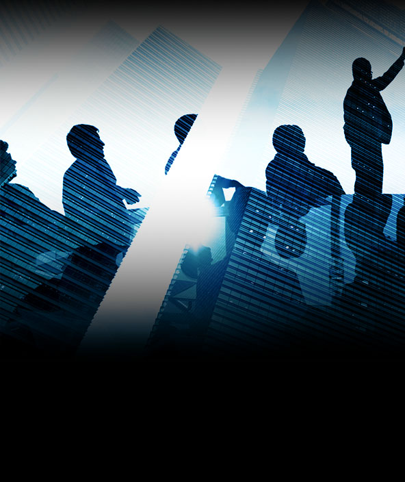 A graphic of suited business people overlayed with an image of skyscrapers