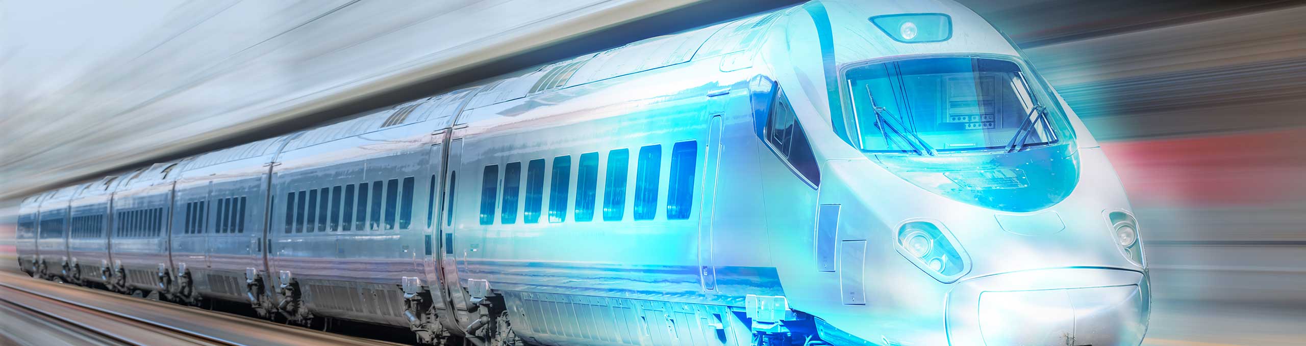 Stylized image of a bullet train, speeding down the tracks toward the future