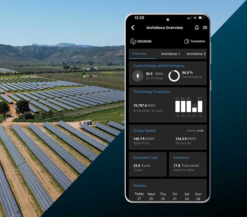 Image depicting solar panel park in the background, with a mobile phone displaying operational performance data