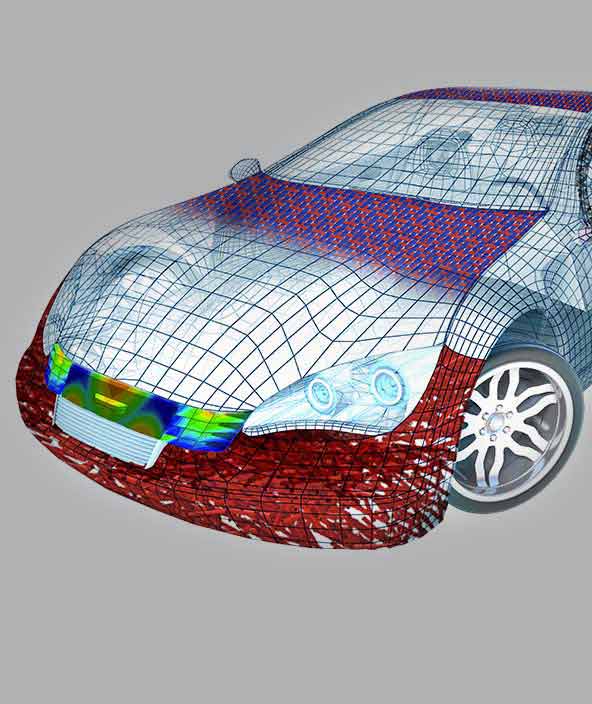Ein stilisiertes Bild eines Autos mit hervorgehobenen Segmenten des Fahrzeugs für die Analyse