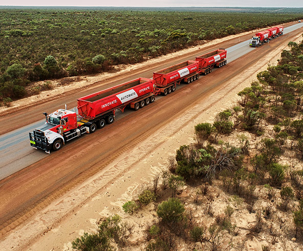An autonomous road train viewed from above