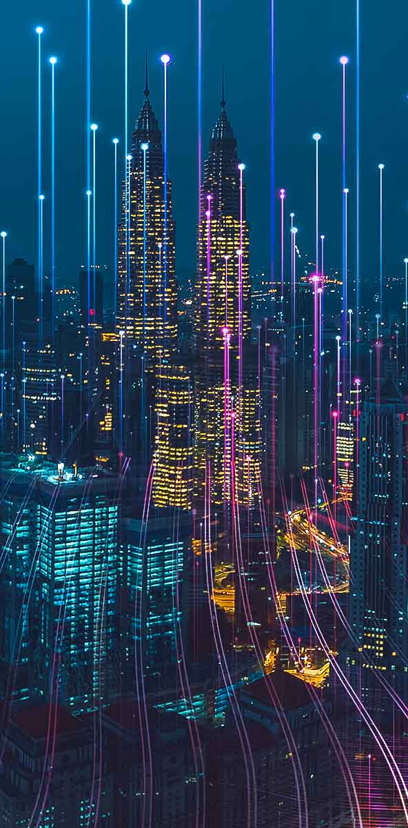 A city landscape at night with digital elements that represent data points
