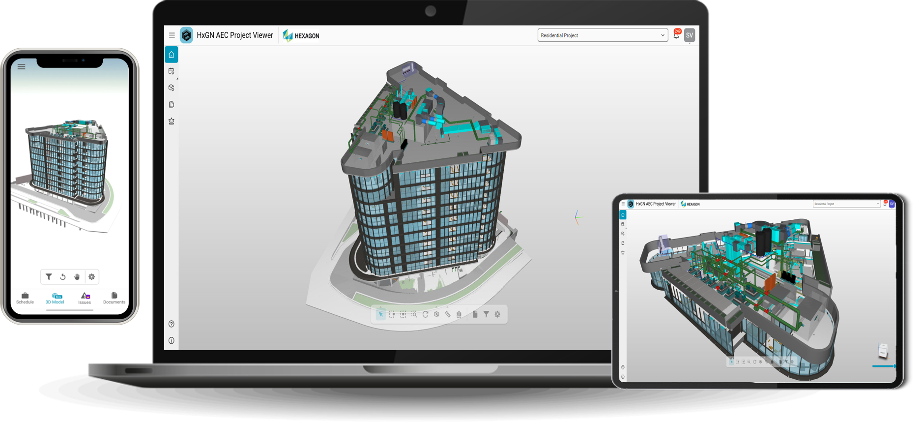 Screenshot of HxGN AEC Project Viewer displaying a construction project model on a computer screen, mobile phone, and tablet.