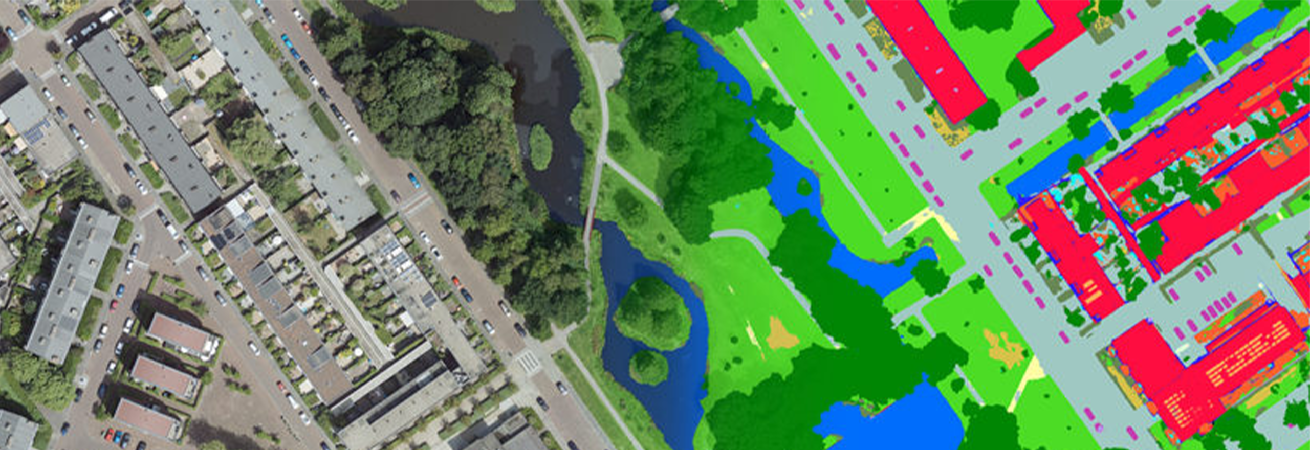 Imagens aéreas sobrepostas com o mapa de cobertura terrestre da inteligência artificial 