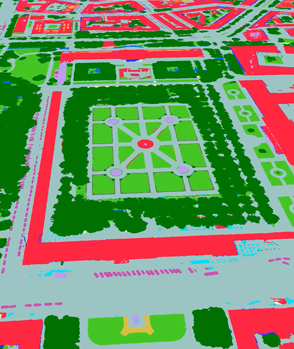 Land cover analytics data of courtyard with buildings, roadway and vegetation