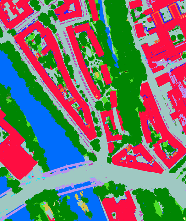 Land cover analytics data of buildings and vegetation alongside a river