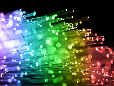 Closeup image of a colorful fiber optic fibers