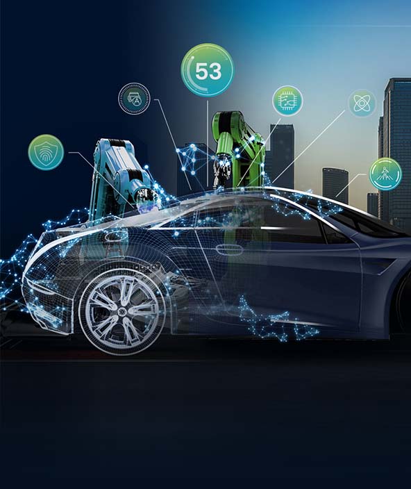 An image of an EV rolling off the production line into a city scape