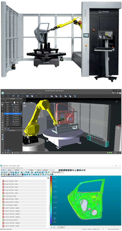 Three stacked images of the PRESTO System with a screenshot of PC-DMIS and Inspire software for the Body in white and subassemblies solution