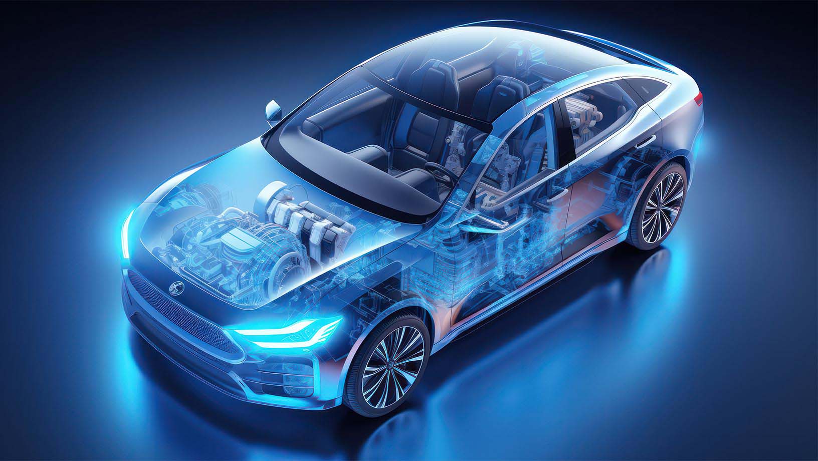 Visual of a transparent motor vehicle with see through internal parts on a blue gradient background with soft neon highlights