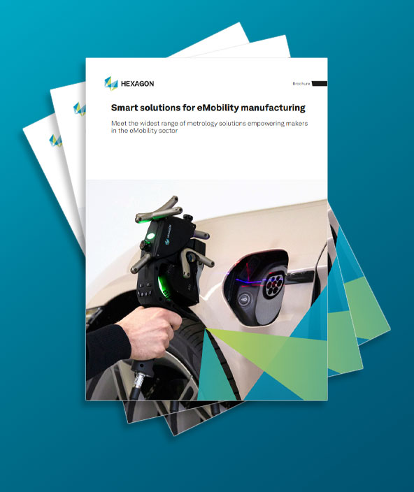 A fanned image of the Smart solutions for eMobility manufacturing brochure front cover on a mid-blue graduated background