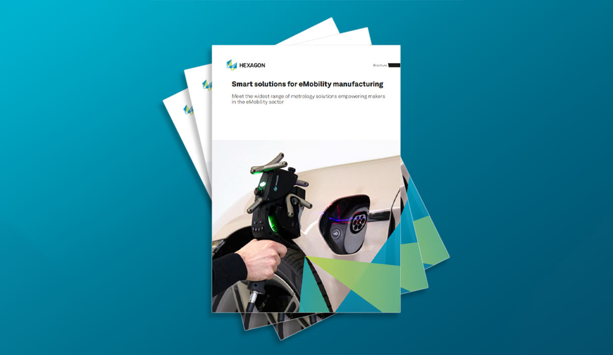A fanned image of the Smart solutions for eMobility manufacturing brochure front cover on a mid-blue graduated background