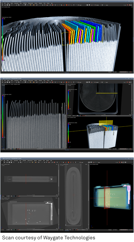 Three stacked screenshots of VGSTUDIO MAX battery inspection