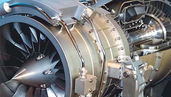 Close up view of aircraft engine parts