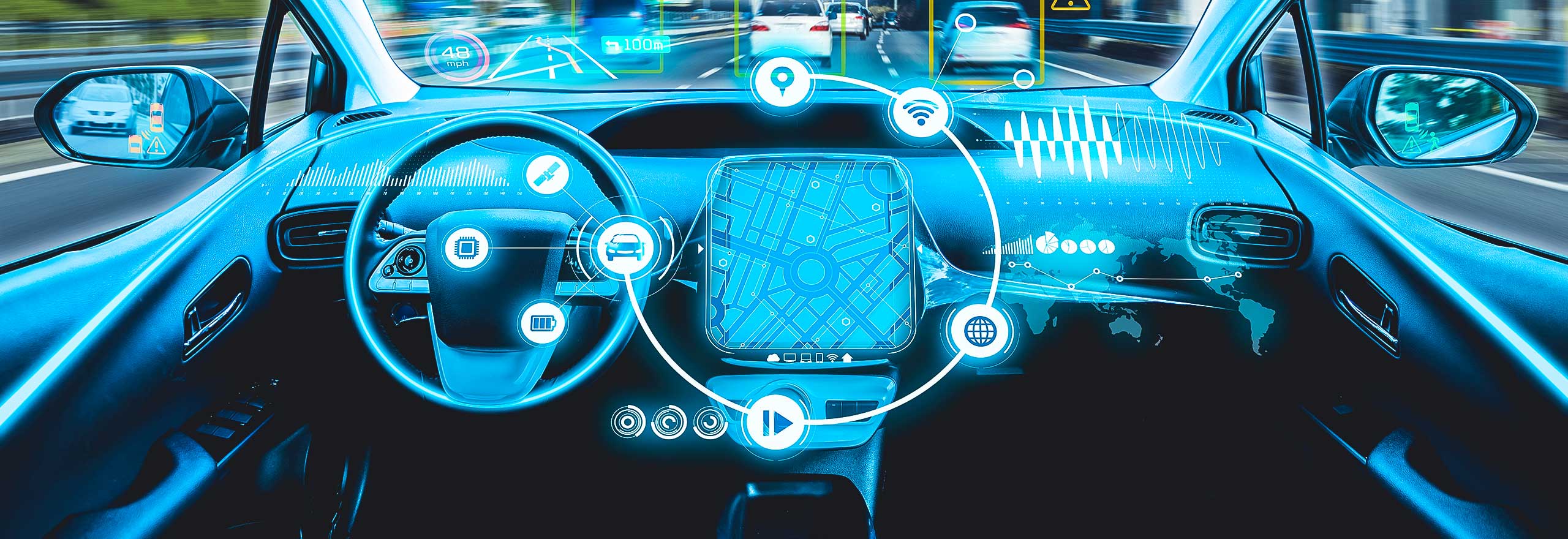 Cockpit automobile autonome futuriste avec des superpositions graphiques montrant les données de trajet. 