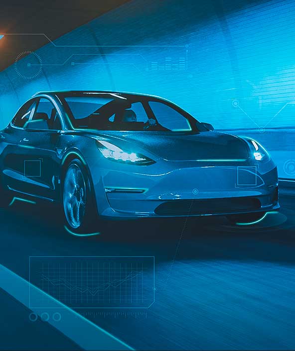 An image of a car overlaid with digital elements representing analytics