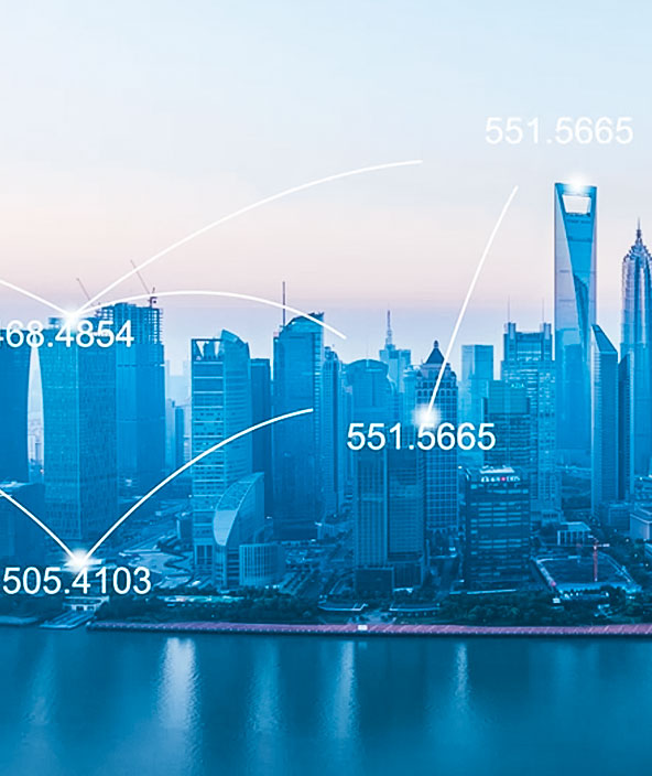 Eine Stadtlandschaft mit einem digitalen Daten-Overlay