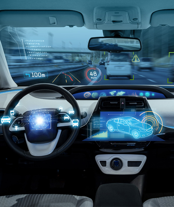 Interior of autonomous vehicle looking out through windshield