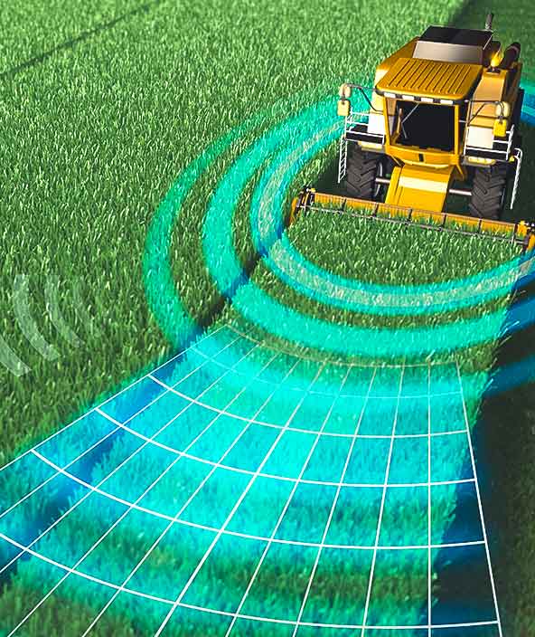 A harvester overlaid with digital elements representing autonomy