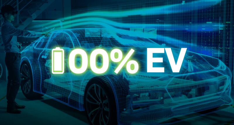Egy elektromos jármű, ami azt jelképezi, hogy a 100% EV célkitűzés érdekében a Hexagon elkötelezetten támogatja a gyártókat