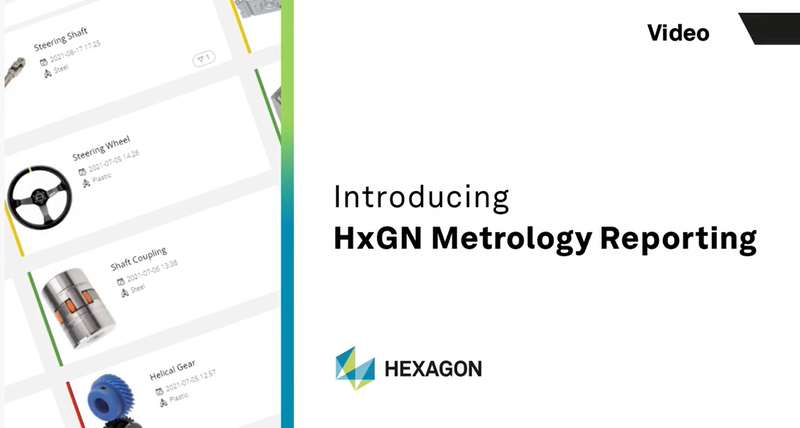 A thumbnail for HxGN Metrology Reporting software. The image shows a snippet of the software on the left hand side and o the right is the video title, Introducing HxGN Metrology Reporting