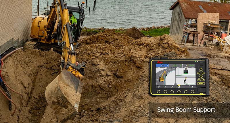 New swing boom support of the Leica 3D machine control solution for mini excavators