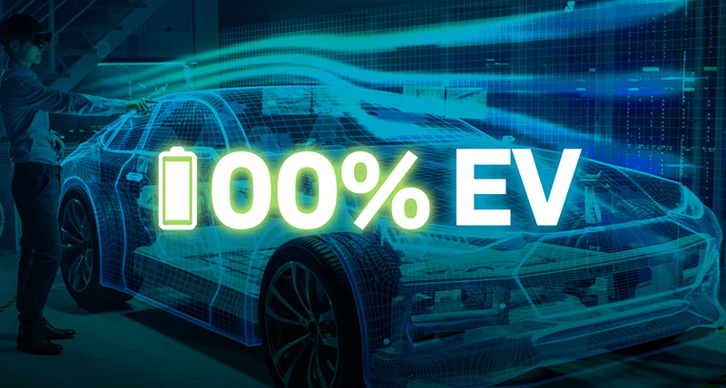 Conceptual image of an electric car with 100 per cent EV overlaid on top of the image
