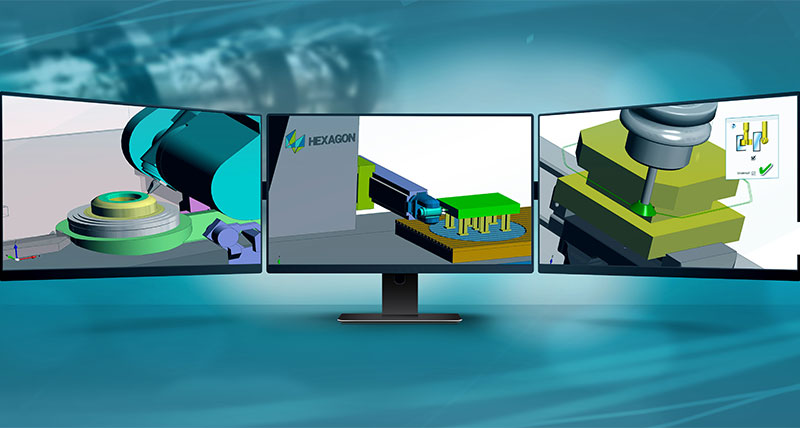 Three computer monitors showing Hexagon's EDGECAM Computer aided manufacturing software
