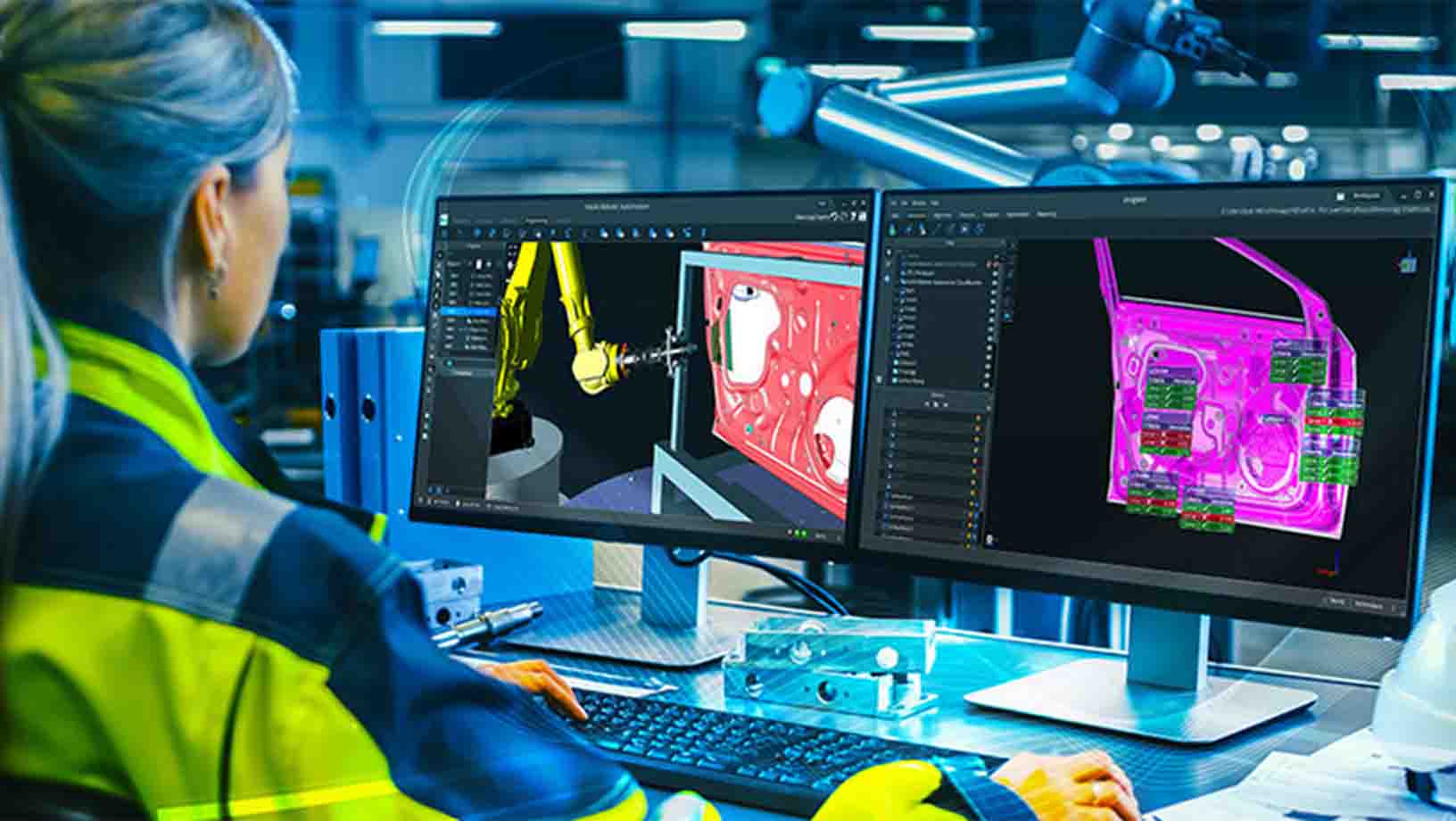 Üzerinde reflektörlü ceket olan bir kişi masa başında oturmuştu. Karşılarında Hexagon’un HxGN Robotic Automation yazılımını görüntüleyen iki monitör var. Sol ekranda, bir robot koluna otomobil kaputu ölçümü yaptıracak bir program oluşturuluyor. Sağ ekranda ölçüm noktaları vurgulanmış bir otomobil kapısı görüntüleniyor.