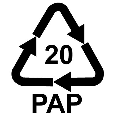 PAP と 20 の表記で三角形を形成した 3 つの黒い時計回りの矢印 (PAP 20：段ボール）