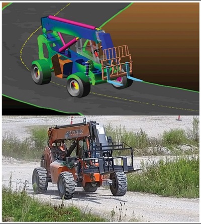 Figure 2. Telehandler driving Adams simulation (top) and physical test (bottom)