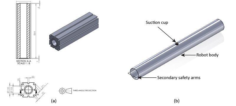 그림 1 (a) 라티나 8각형 흑연 블록의 CAD 모델 및 (b) ADAMS 내에서 사용되는 진공 시스템의 CAD 모델.