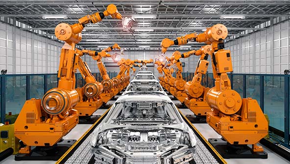 robotic arms working on car parts in production line