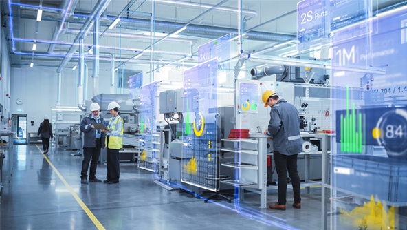 A factory floor with digital overlays