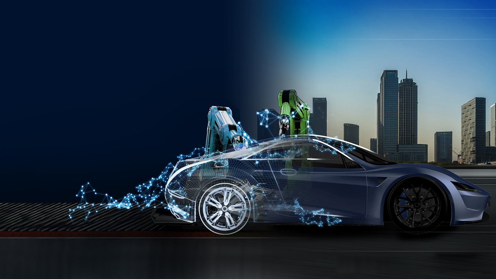Concept drawing of a car with a city skyline in the background