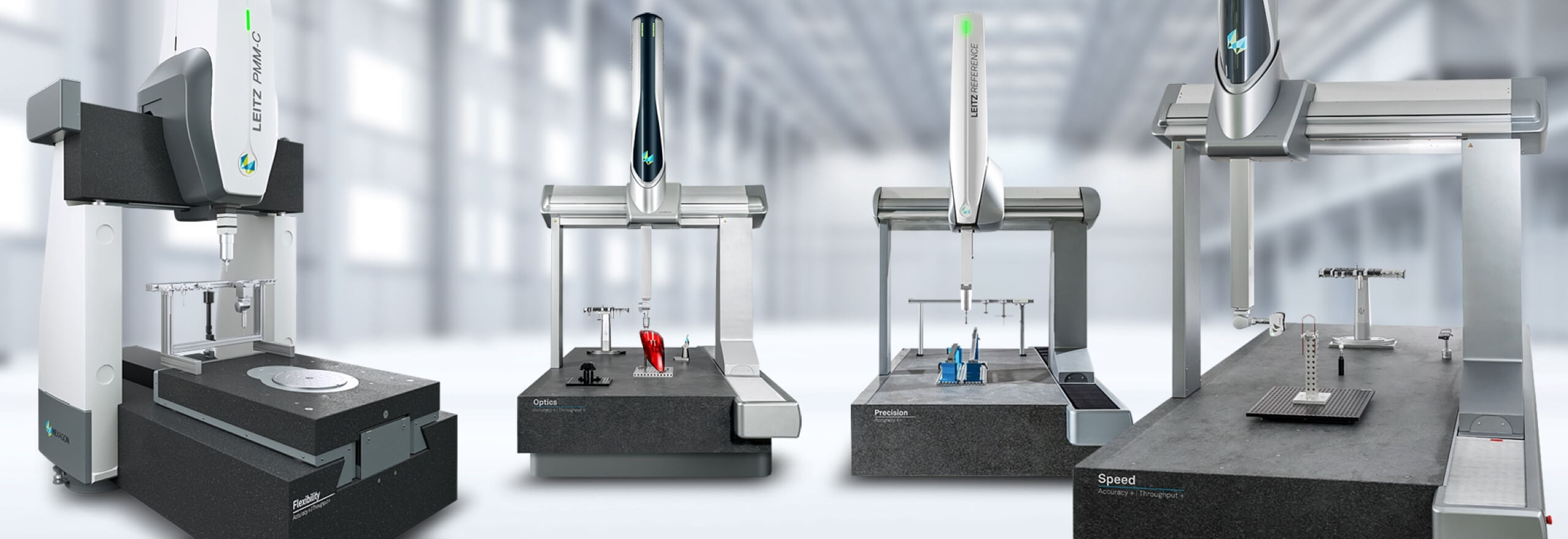 4 Bridge CMM models displayed in a line with a white warehouse in the background