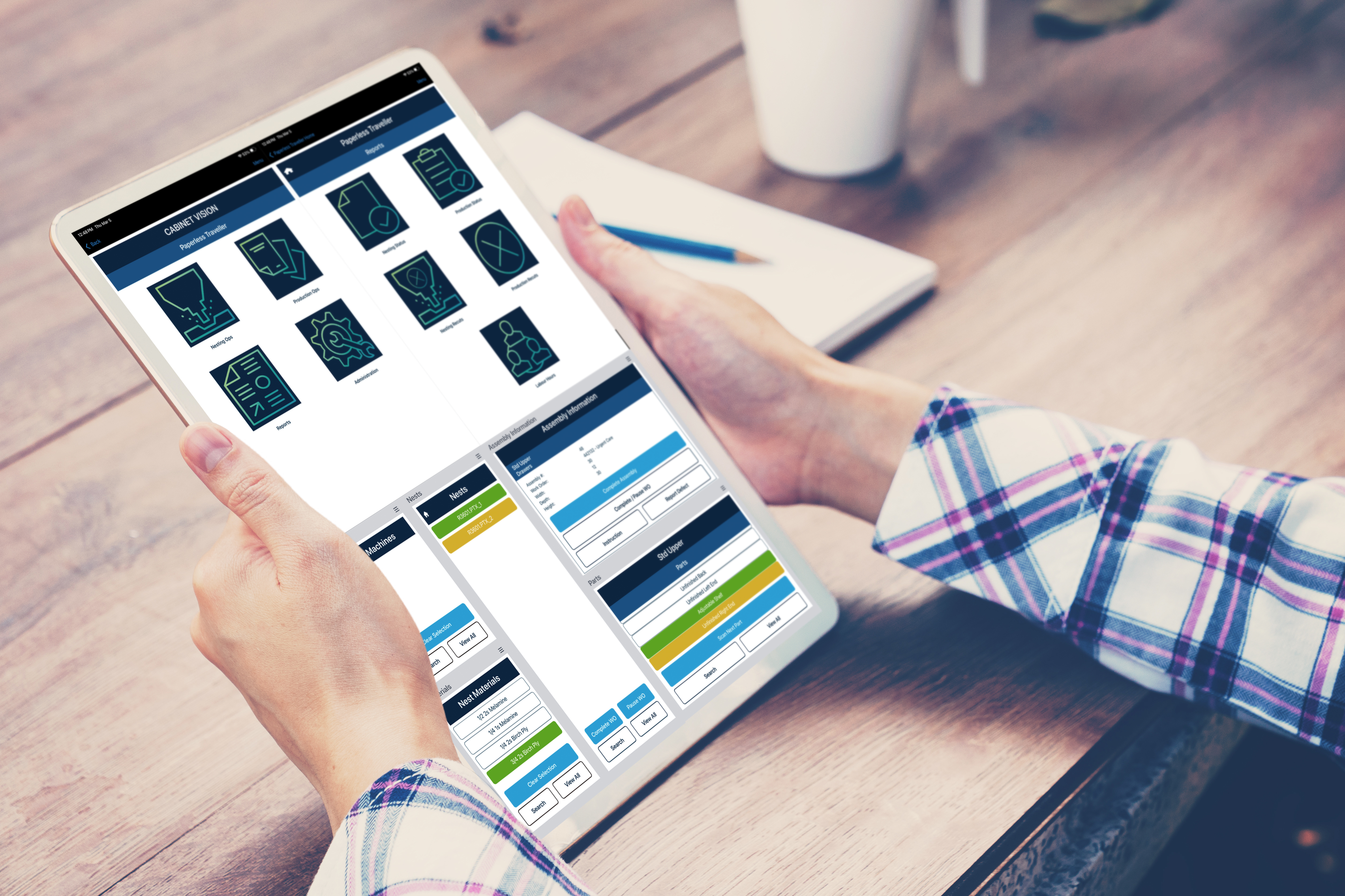 Image of tablets showcasing the interactive interface of the CABINET VISION Paperless Traveller