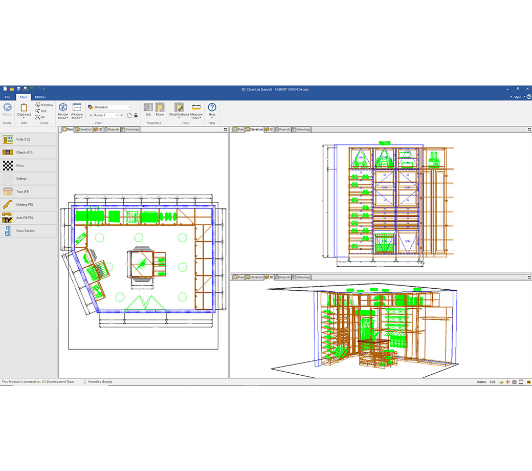Software CABINET VISION Design mostrando capturas de tela de planos de armários