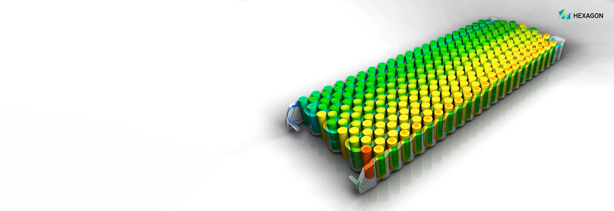 A digital simulation of a cylindrical EV battery cooling down, with colours representing different levels of heat, from green to yellow