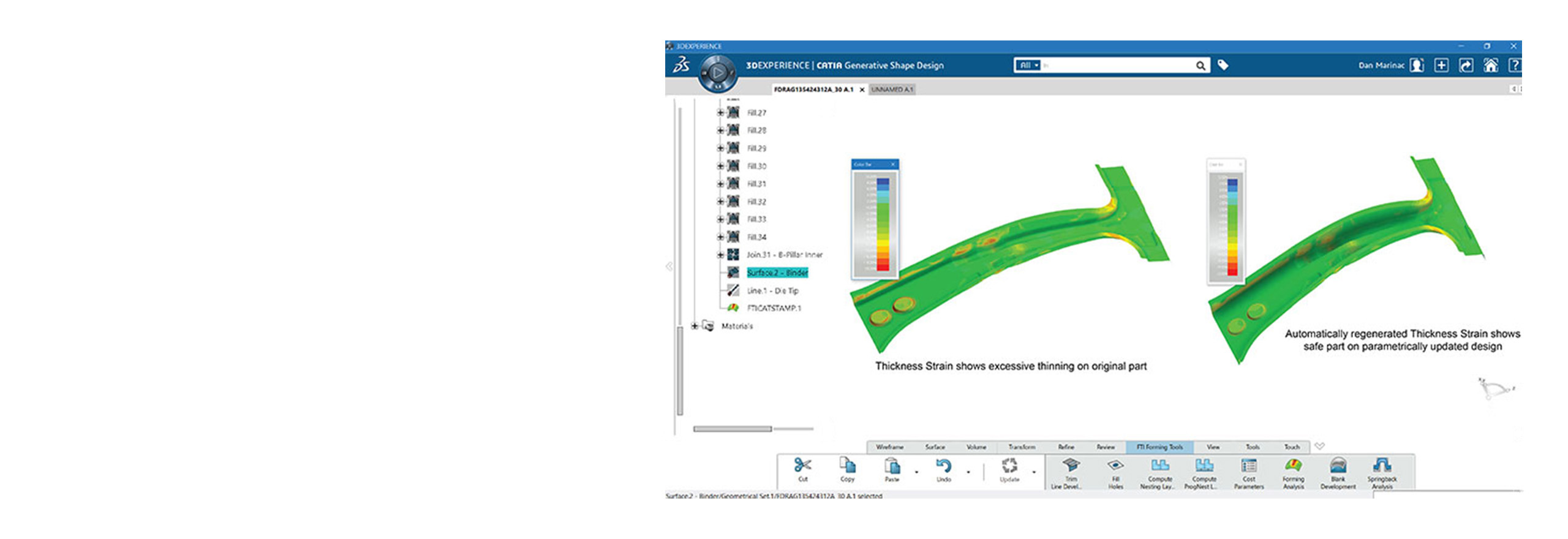Schermata del software FTI CATSTAMP che visualizza la deformazione di spessore su un pezzo