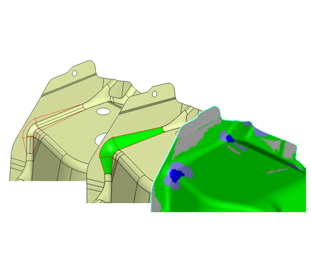 Captura de pantalla del software FTI CATSTAMP que muestra DFM - Diseño para técnicas de fabricación