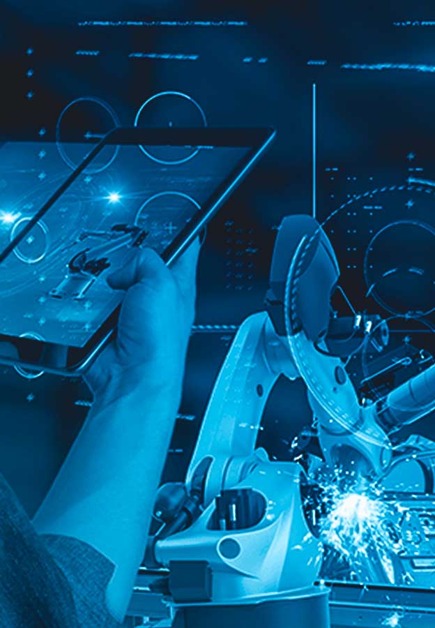 Futuristic graphic of worker working wirelessly in factory using tablet device and machinery operating in the background.